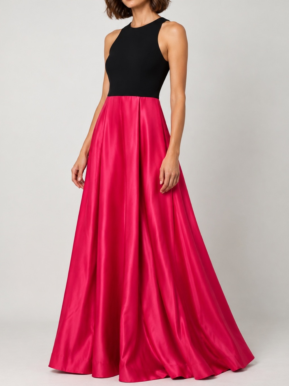 Betsy & Adam Black Pink Satin Colorblock Maxi Gown Size 6